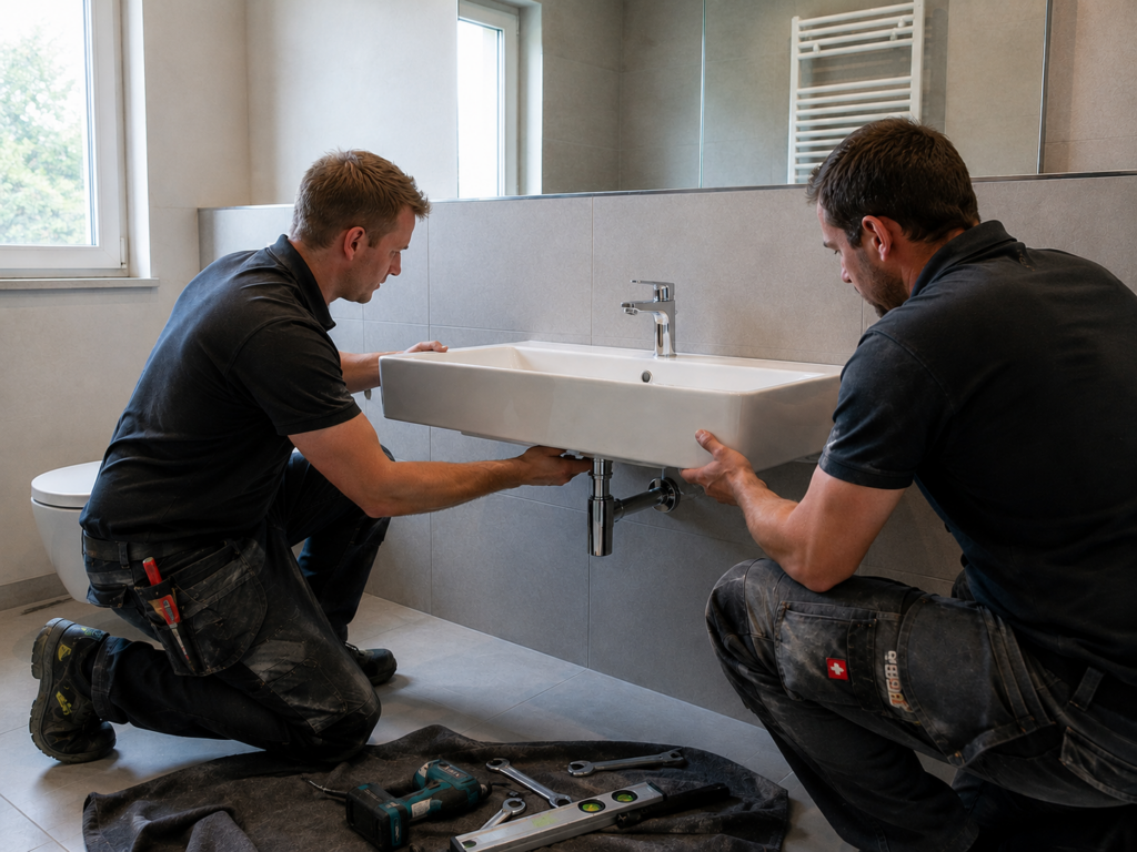 Zwei Handwerker montieren gemeinsam ein Waschbecken im Bad